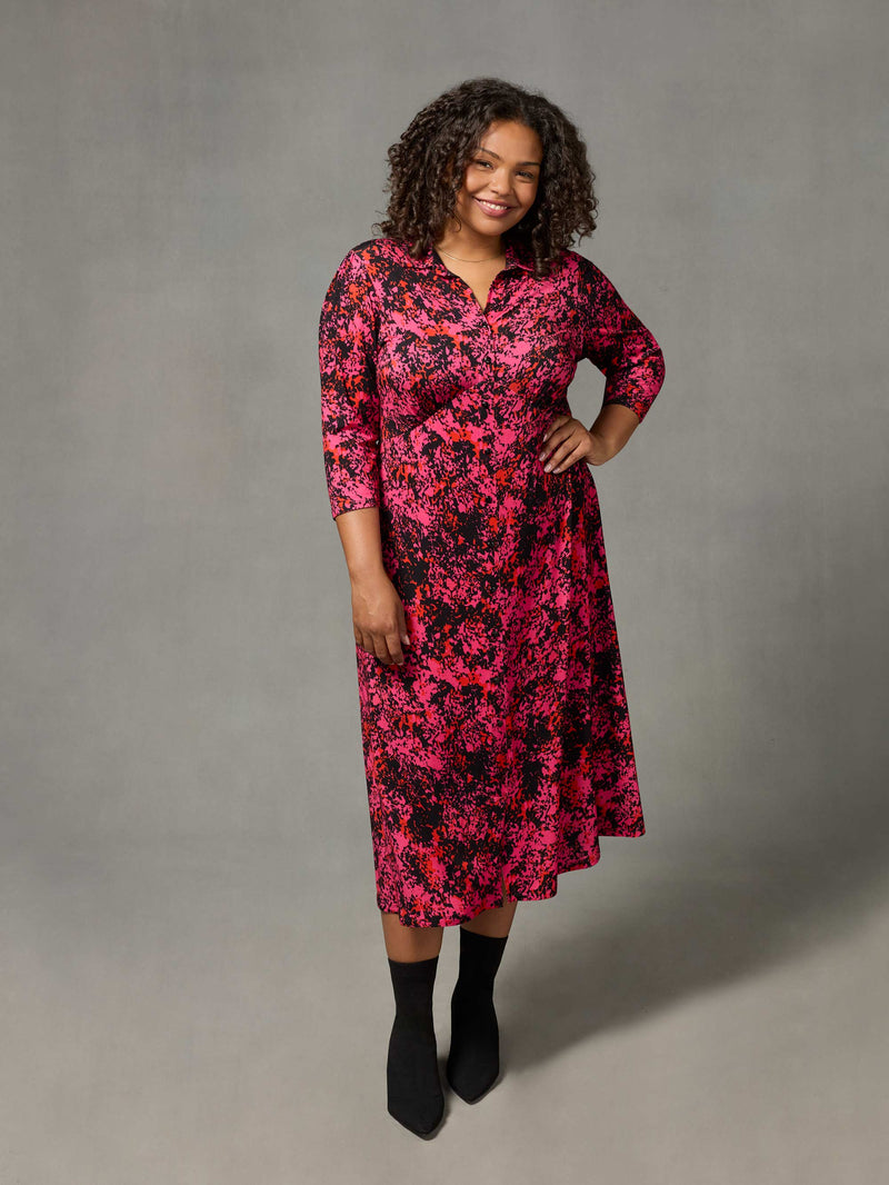 Pink Floral Print Jersey Empire Seam Shirt Dress