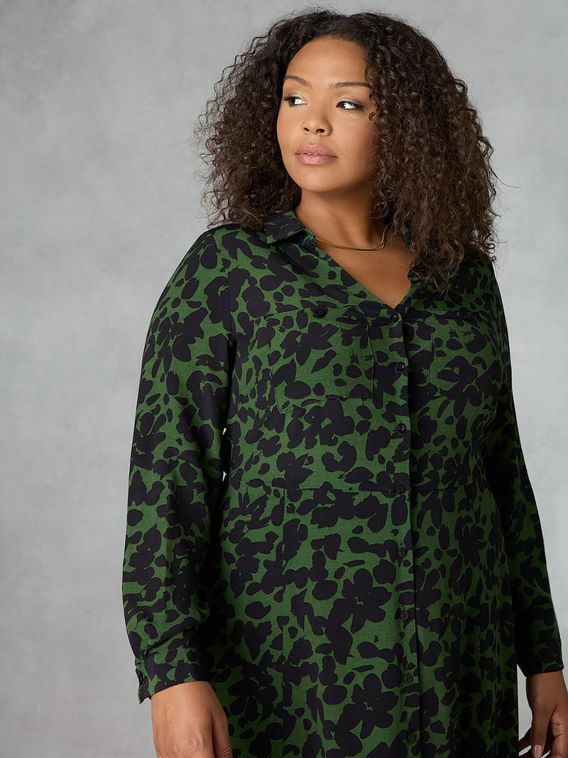 Khaki Floral Print Shirt Dress