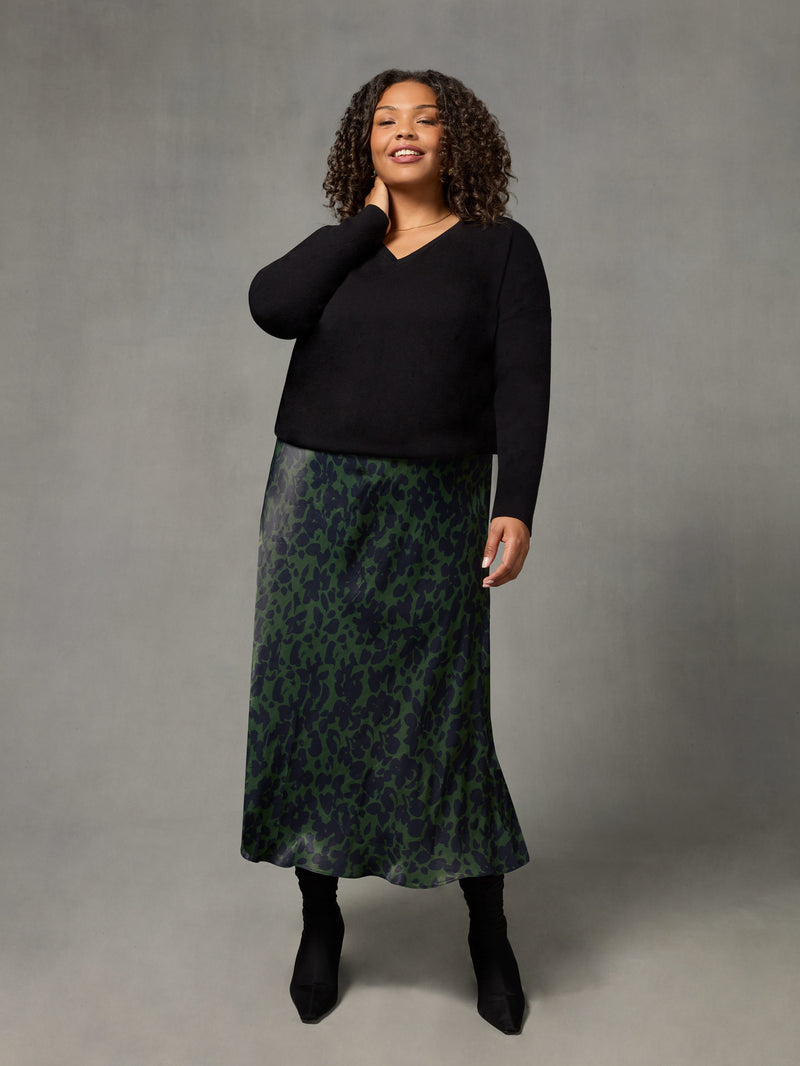Khaki Floral Print Bias Cut Skirt