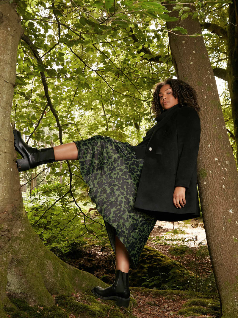 Khaki Floral Print Bias Cut Skirt