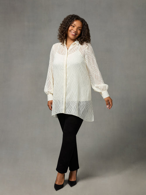 Ivory Linear Burnout Hanky Hem Shirt