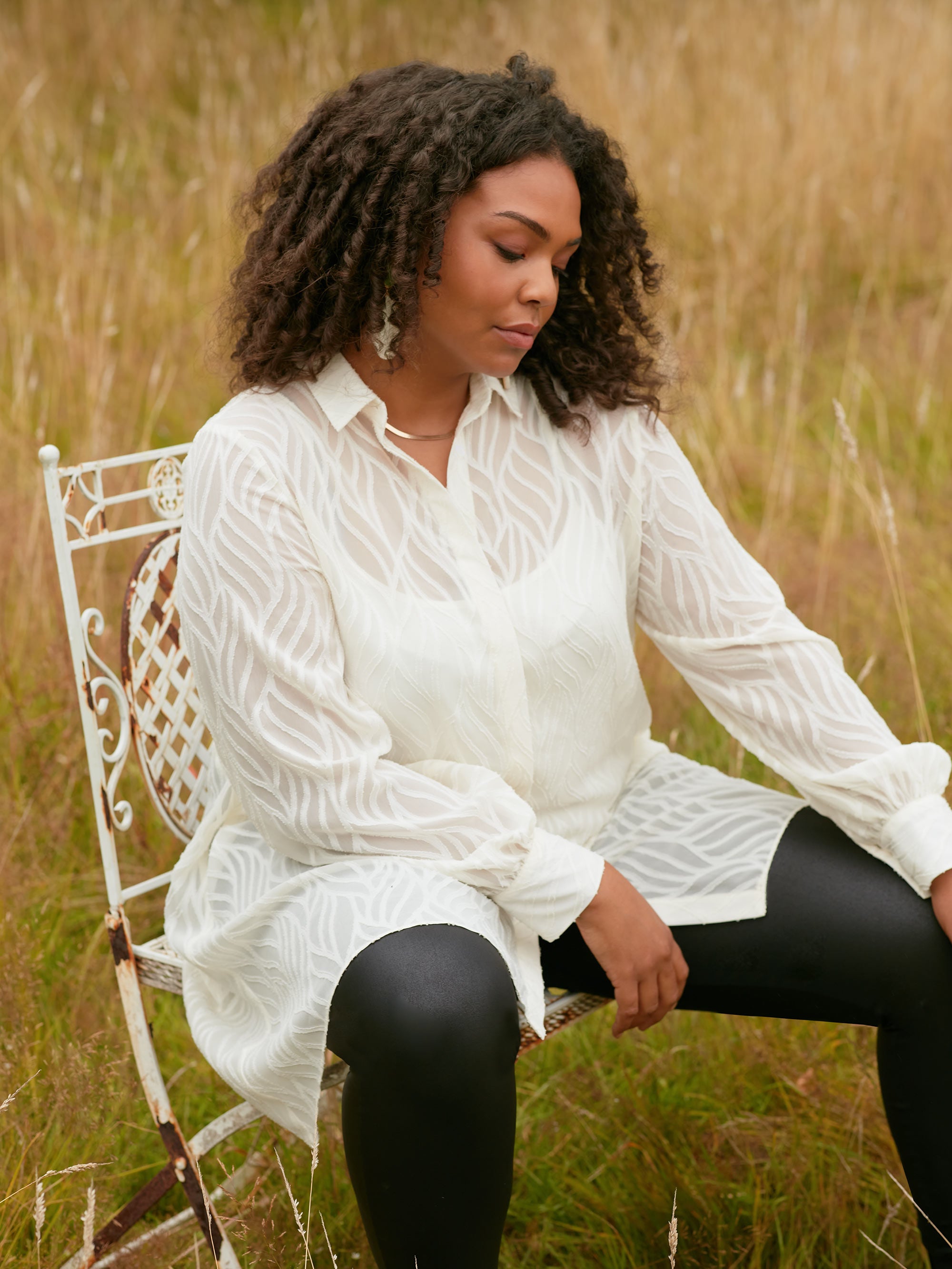 Ivory Linear Burnout Hanky Hem Shirt