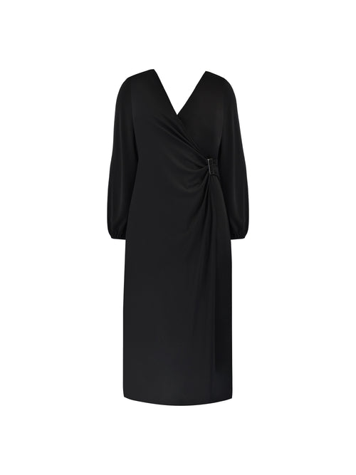 Black Jersey Buckle Trim Wrap Midi Dress