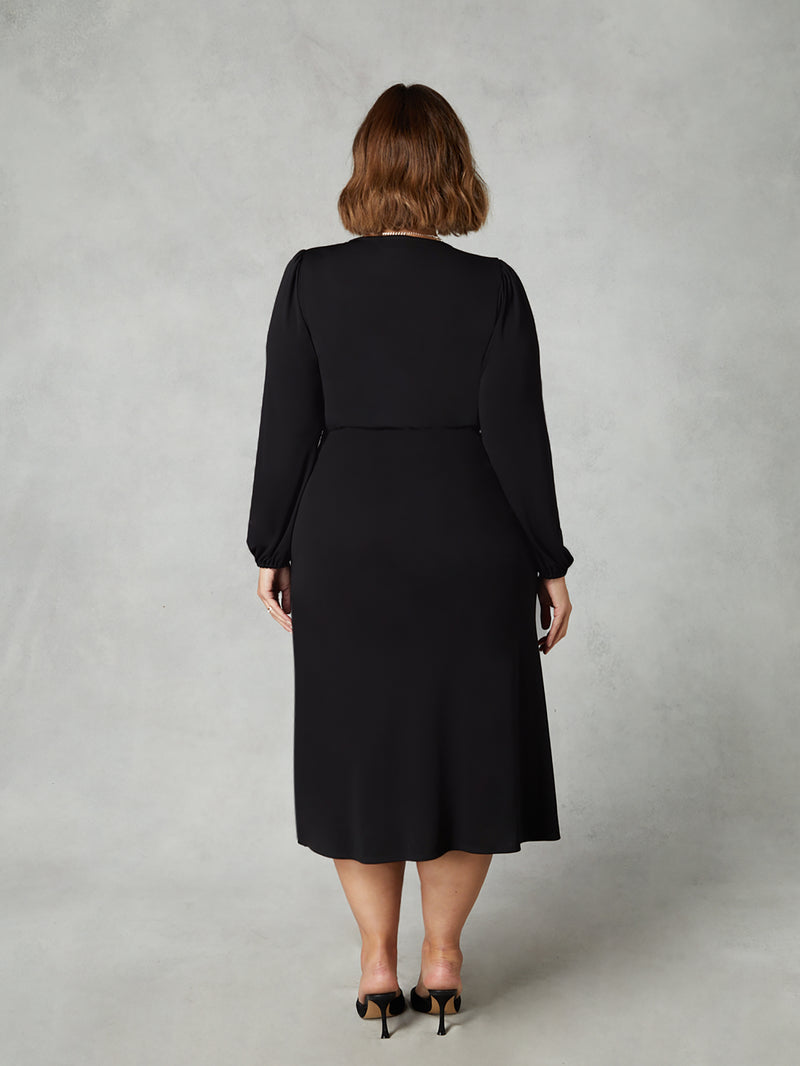 Black Jersey Buckle Trim Wrap Midi Dress