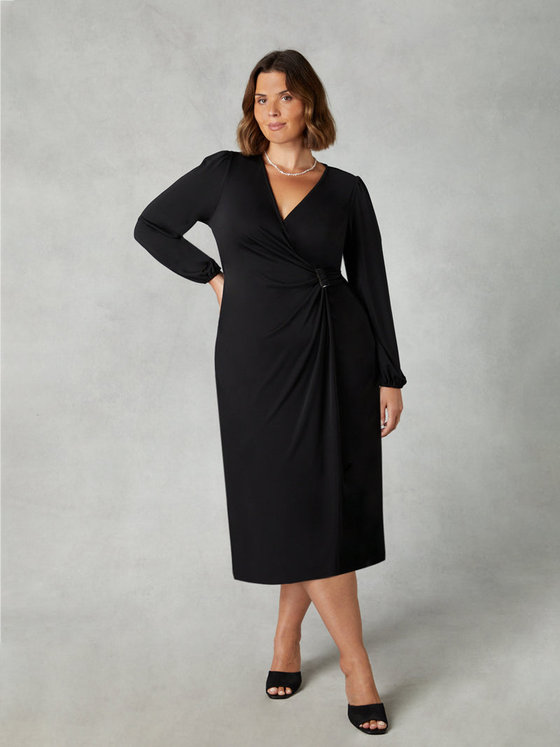 Black Jersey Buckle Trim Wrap Midi Dress