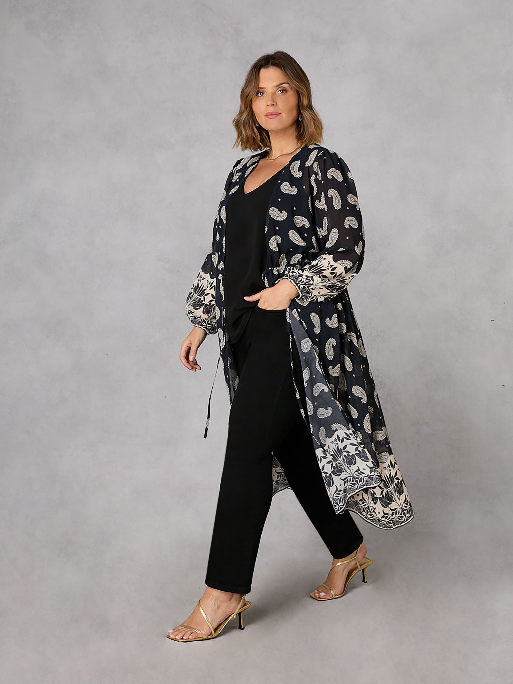 Black Paisley Print Longline Kimono