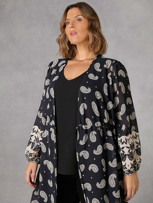 Black Paisley Print Longline Kimono