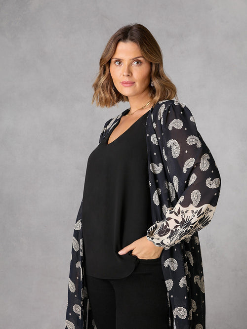 Black Paisley Print Longline Kimono