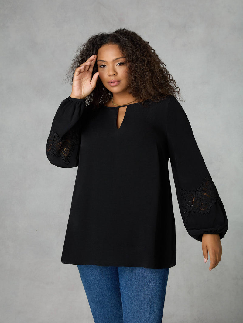 Black Crochet Trim Sleeve Blouse