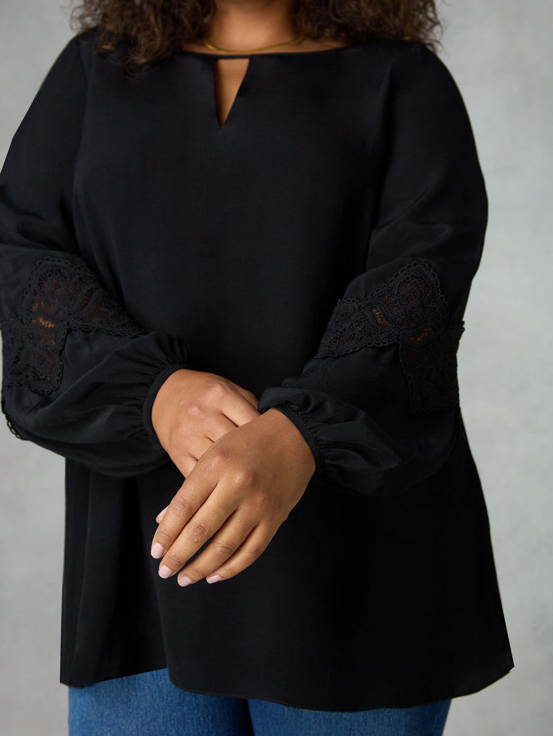 Black Crochet Trim Sleeve Blouse