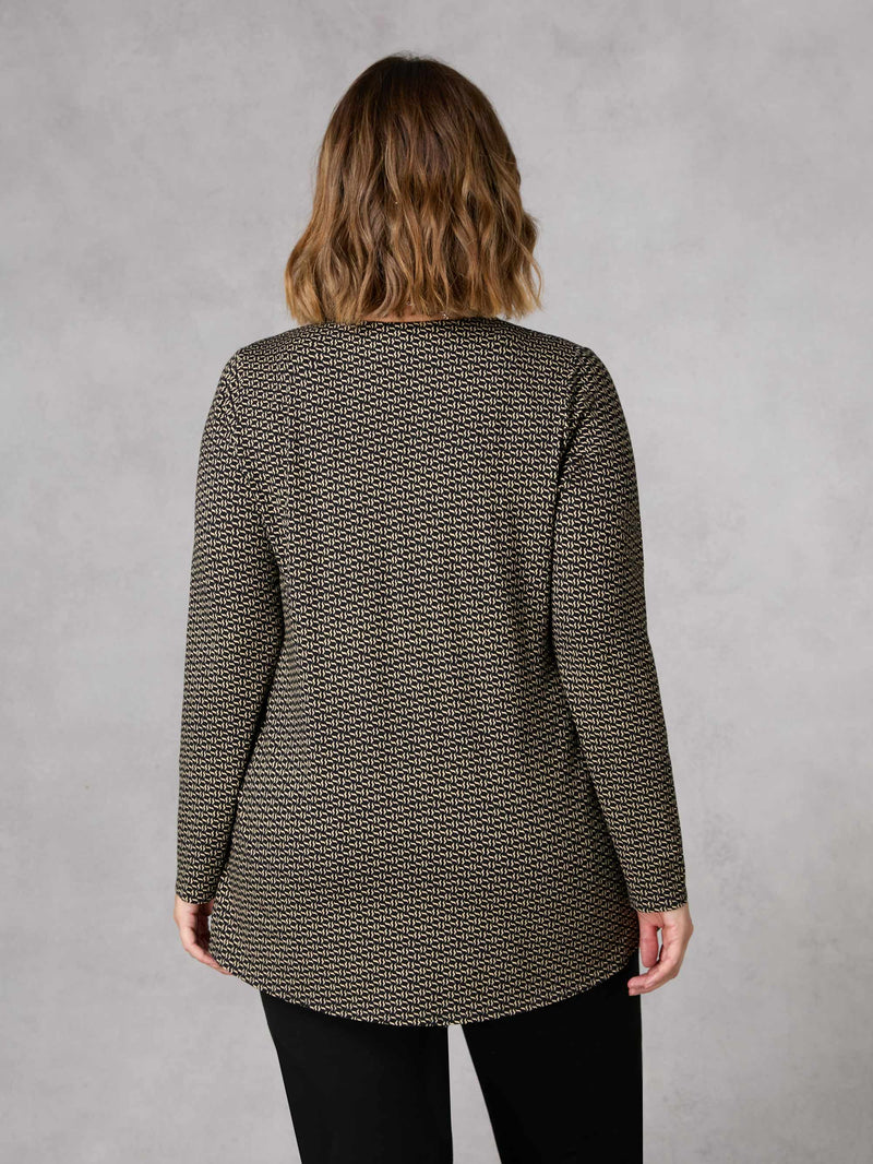Mono Geo Print Pleat Front Jersey Swing Top