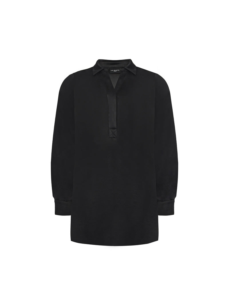 Black Satin Placket Front Shirt