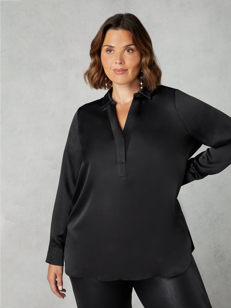 Black Satin Placket Front Shirt