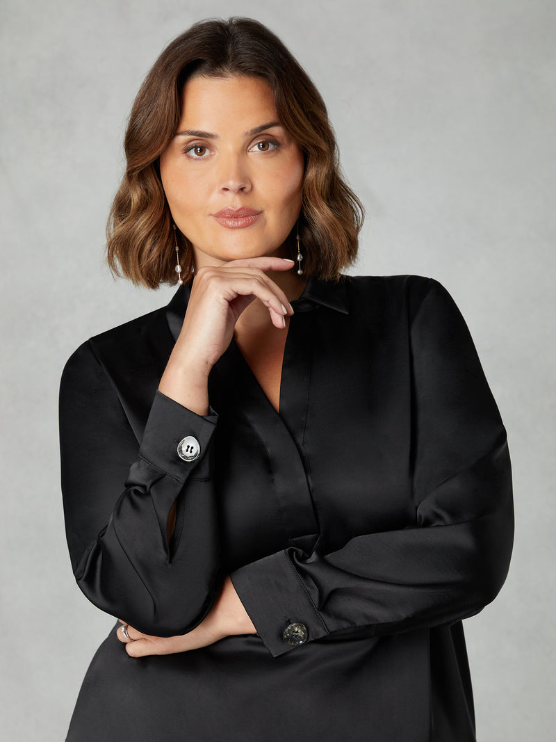 Black Satin Placket Front Shirt