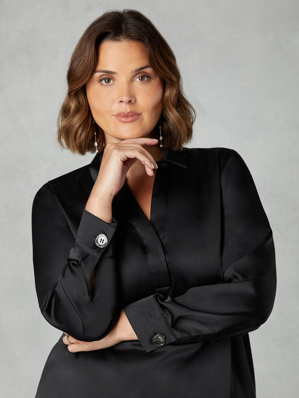 Black Satin Placket Front Shirt
