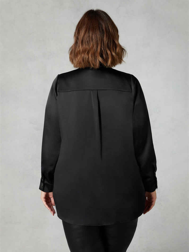 Black Satin Placket Front Shirt