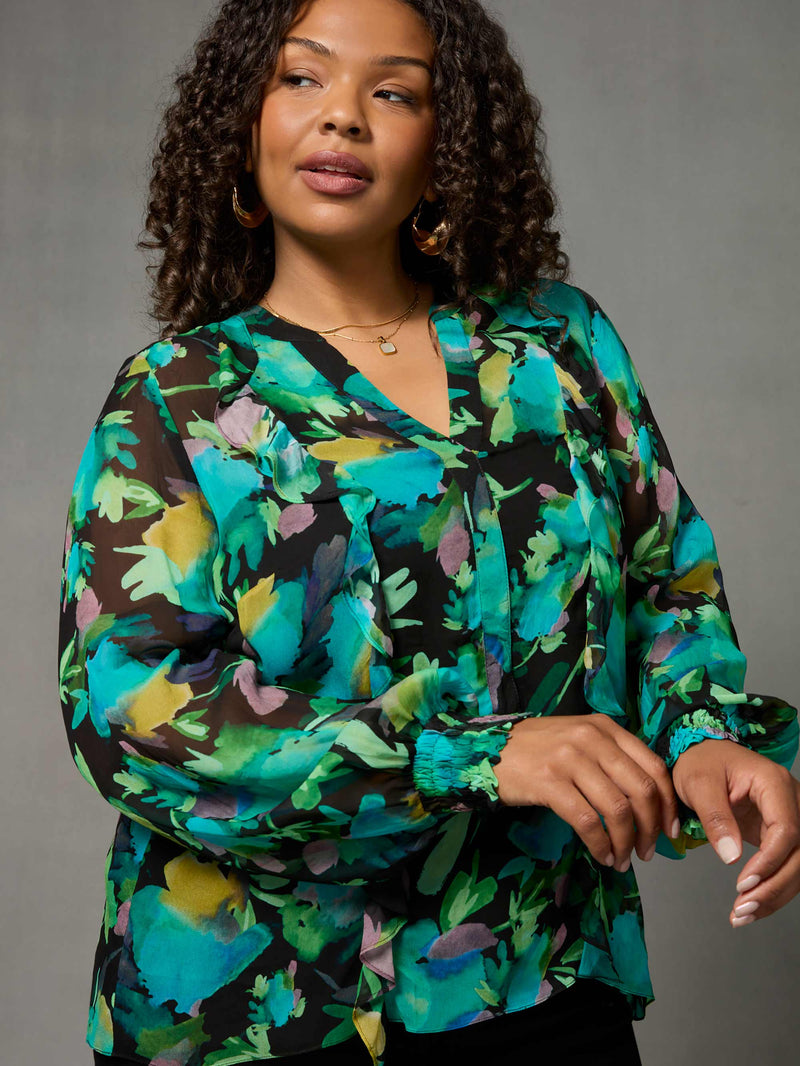 Green Floral Print Frill Front Blouse