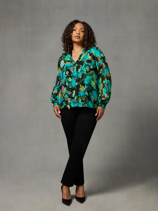 Green Floral Print Frill Front Blouse