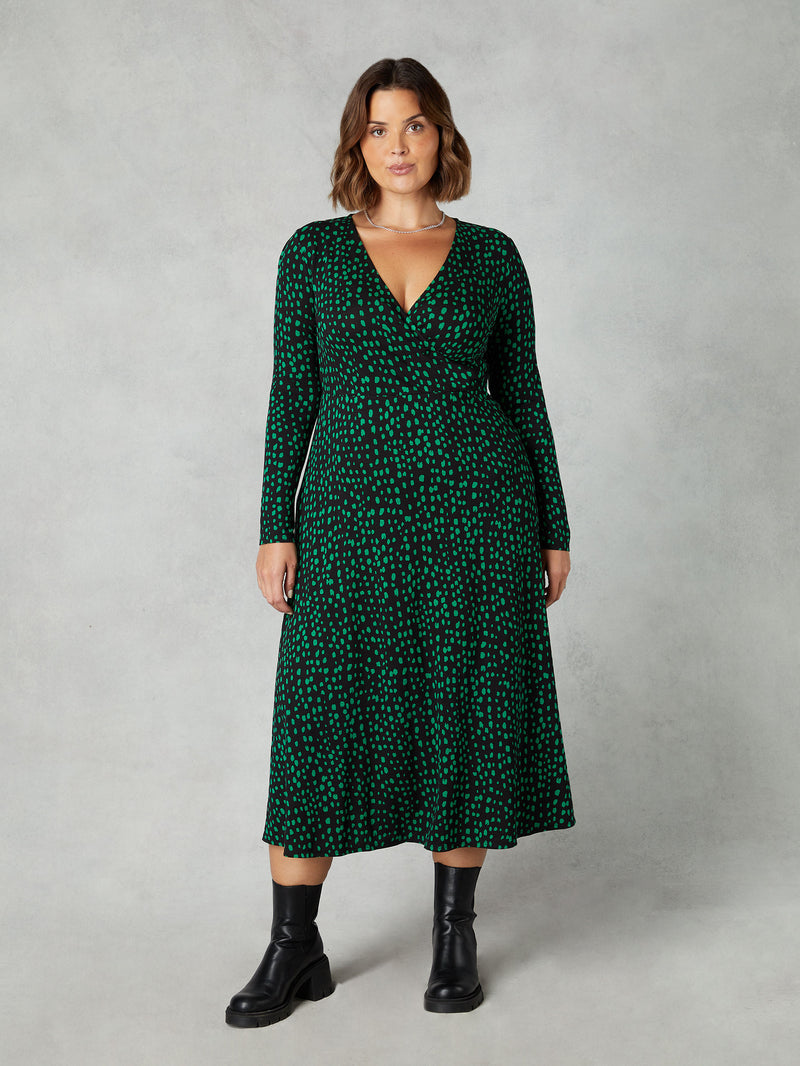 Green Animal Print Jersey Wrap Dress