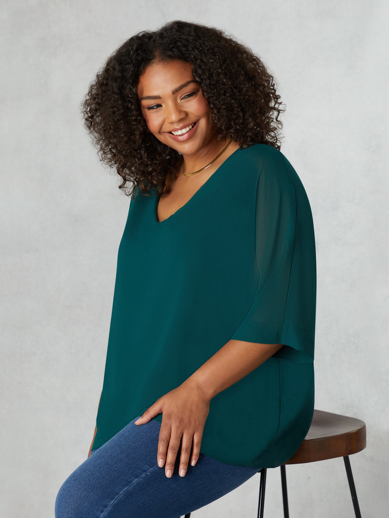 Green V-Neck Chiffon Overlay Top