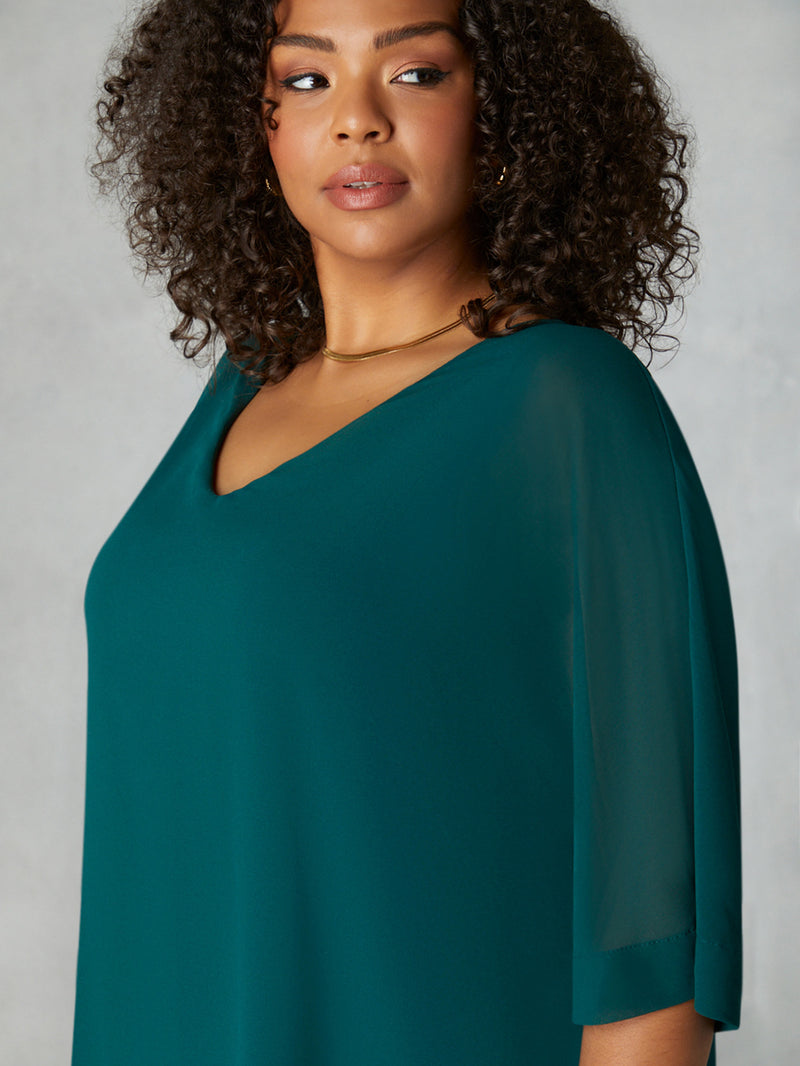 Green V-Neck Chiffon Overlay Top