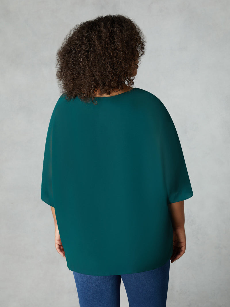 Green V-Neck Chiffon Overlay Top