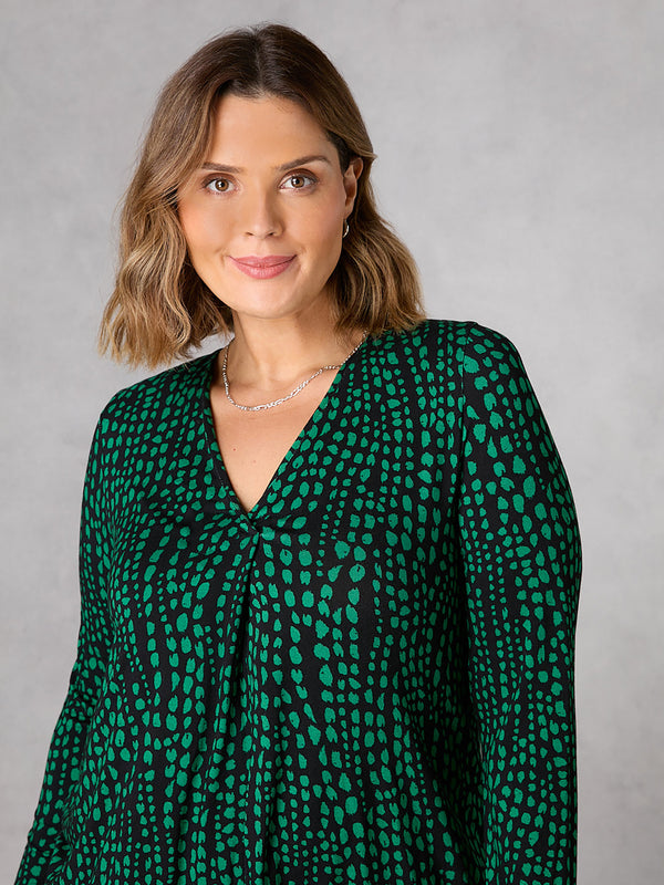 Green Animal Pleat Front Jersey Swing Top