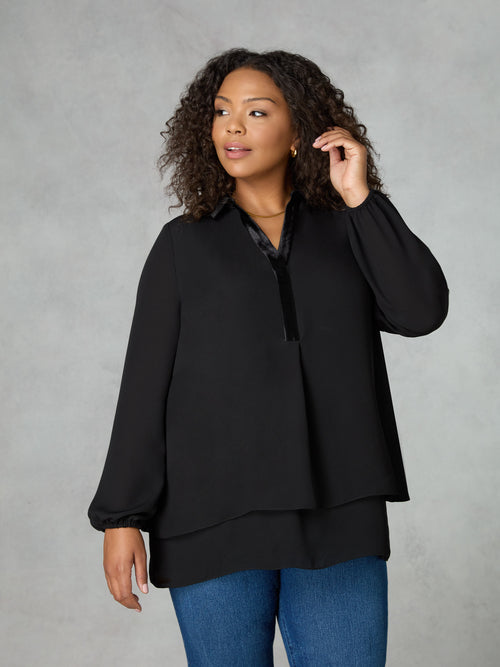 Black Satin Contrast Double Layered Shirt