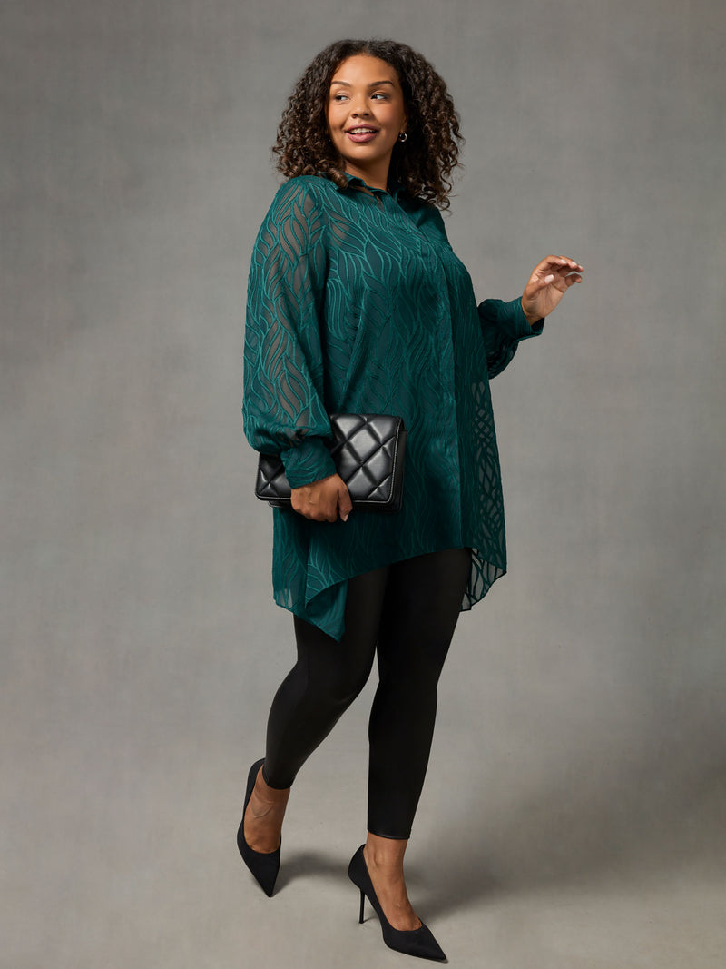 Green Linear Burnout Hanky Hem Shirt