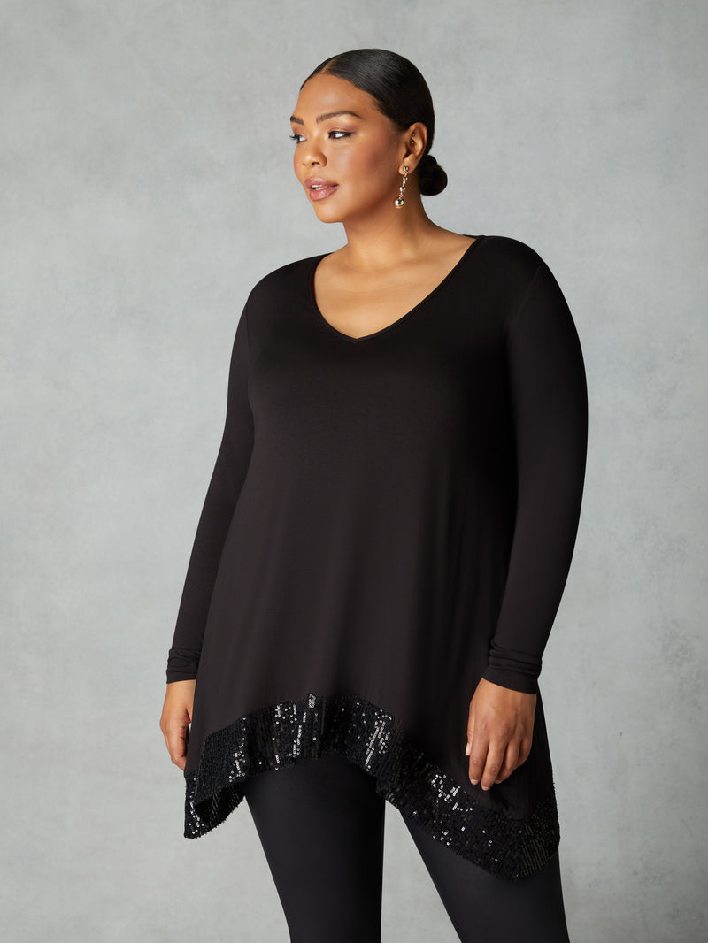 Black Sequin Trim Hanky Hem Tunic