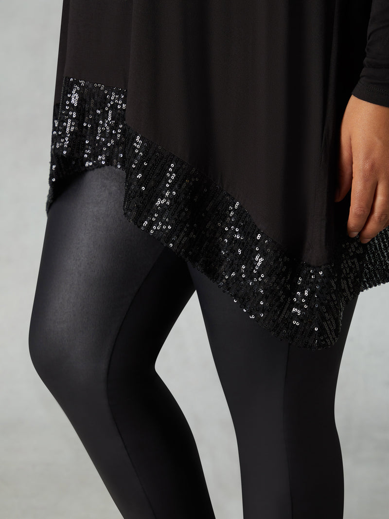 Black Sequin Trim Hanky Hem Tunic