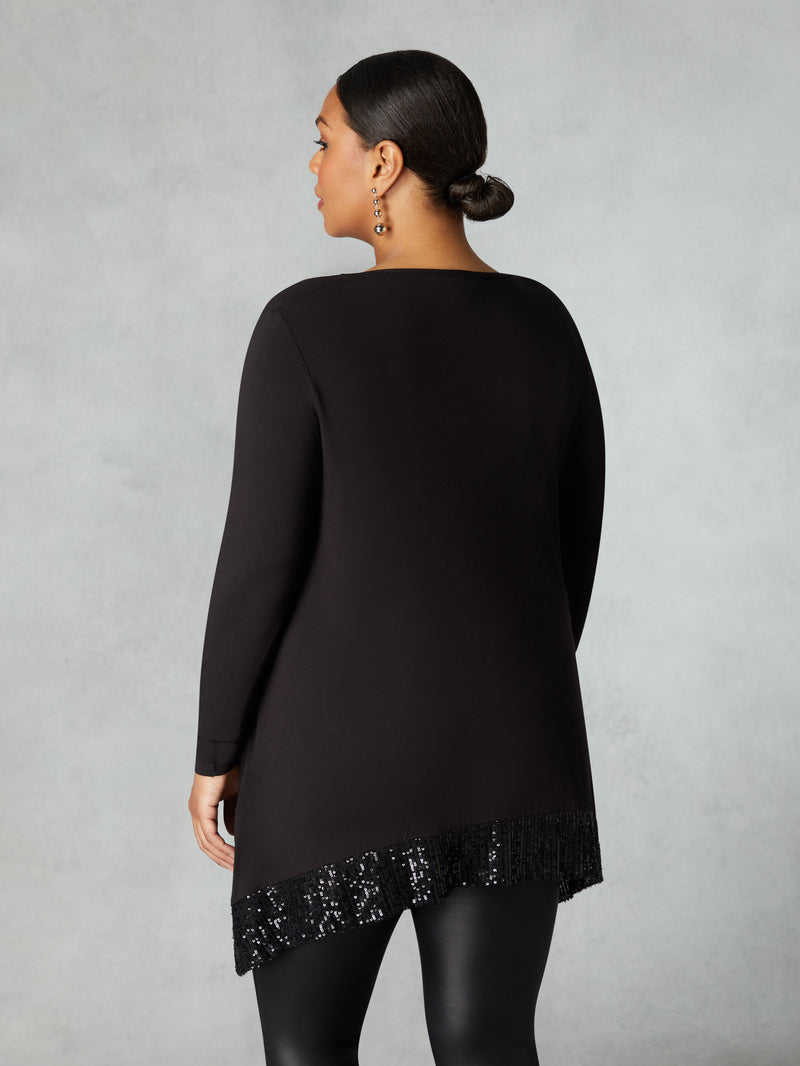 Black Sequin Trim Hanky Hem Tunic