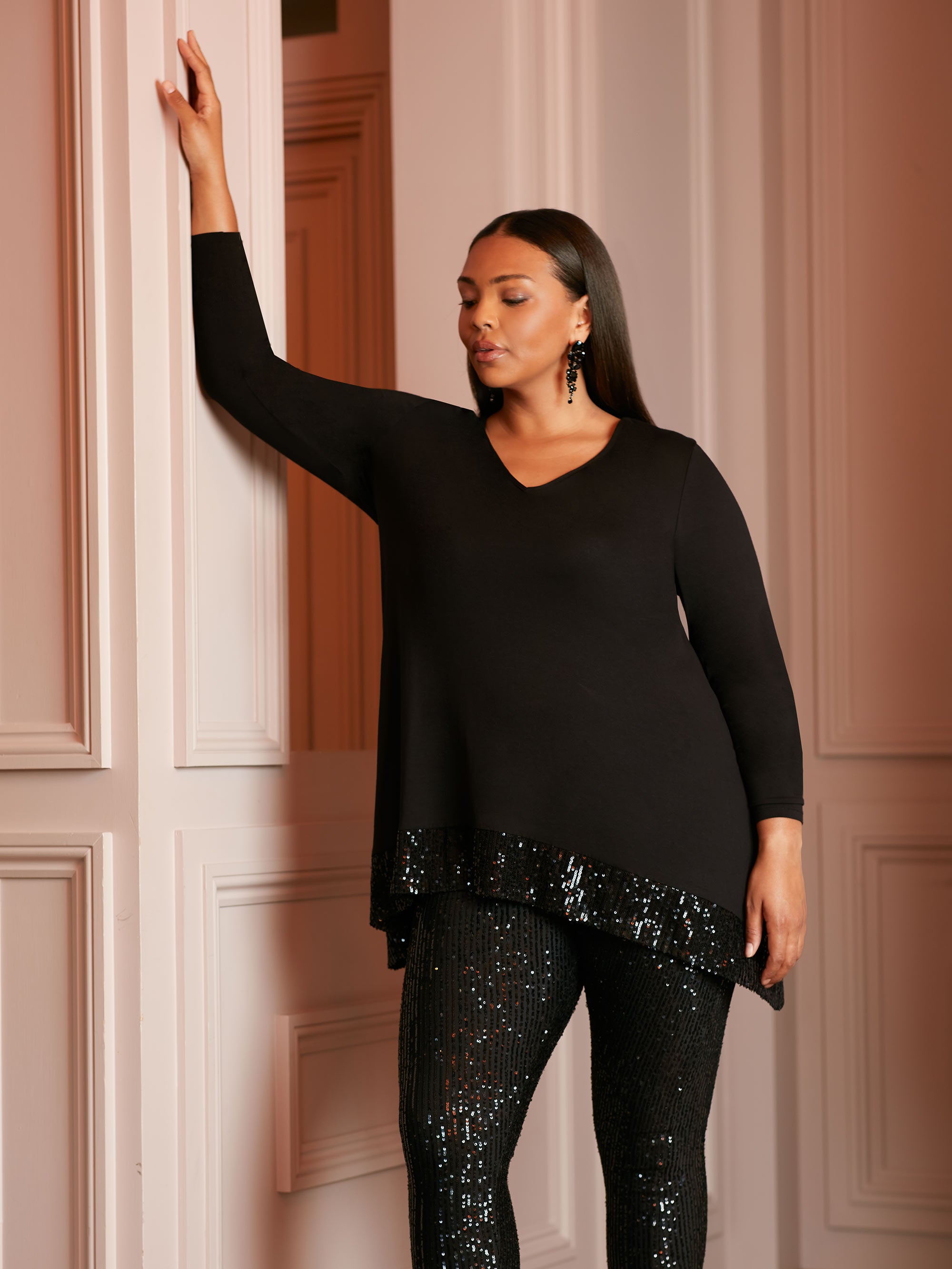 Black Sequin Trim Hanky Hem Tunic