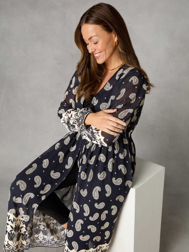 Petite Black Paisley Print Longline Kimono