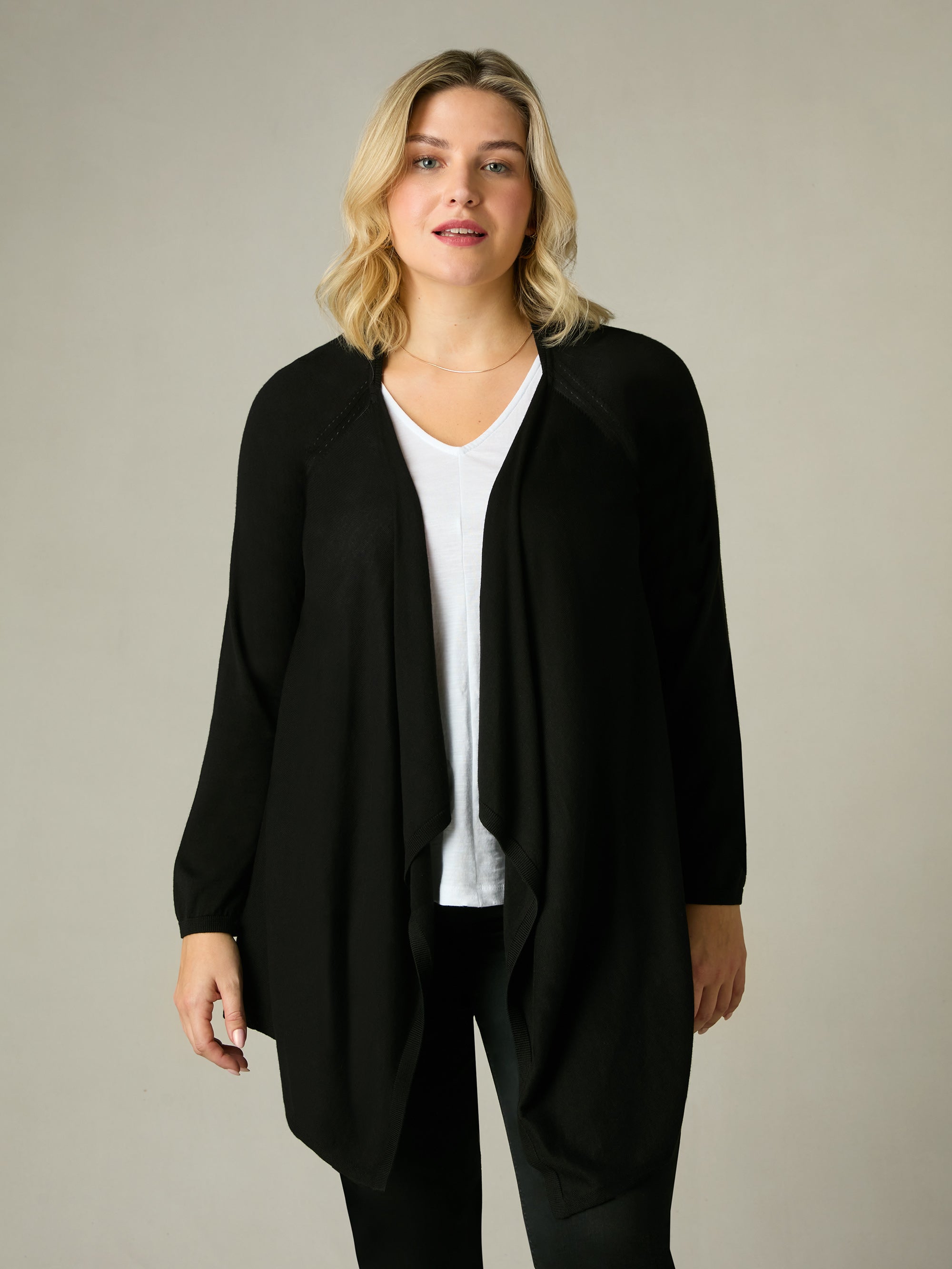 Long black shop waterfall cardigan