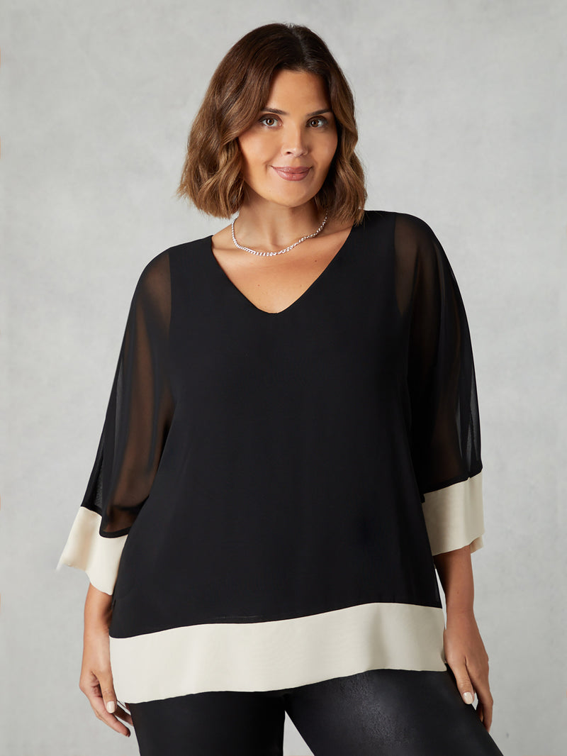Black Chiffon Contrast Hem Overlay Top