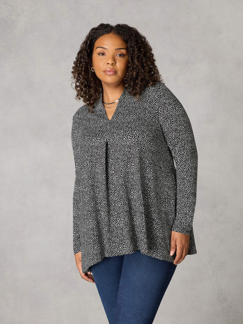 Mono Dash Print Jersey Pleat Front Top