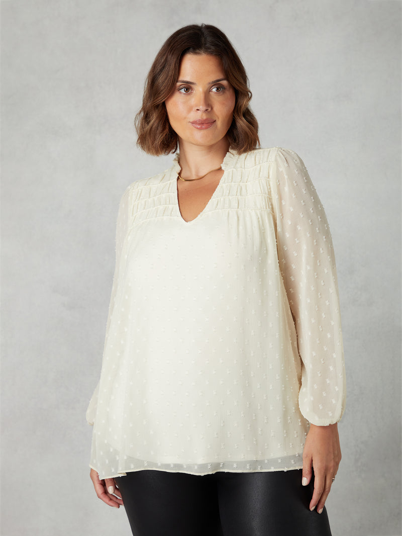 Ivory Dobby Ruched Front Blouse