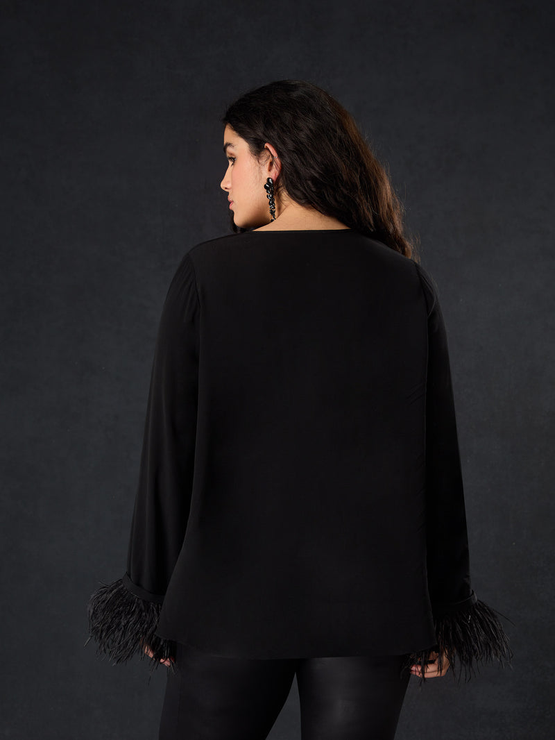Black Feather Trim Blouse