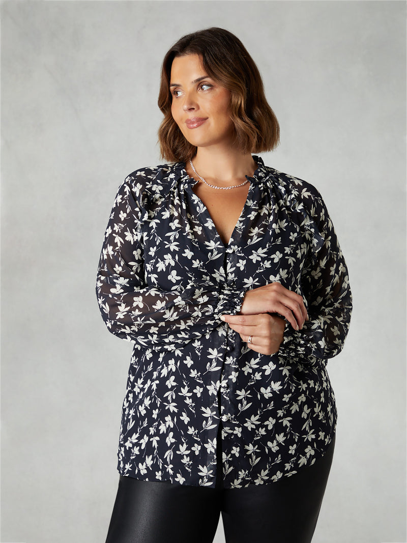 Mono Floral Print Ruffle Front Blouse