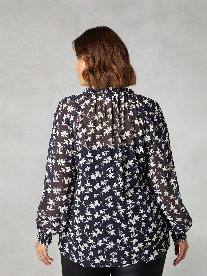Mono Floral Print Ruffle Front Blouse