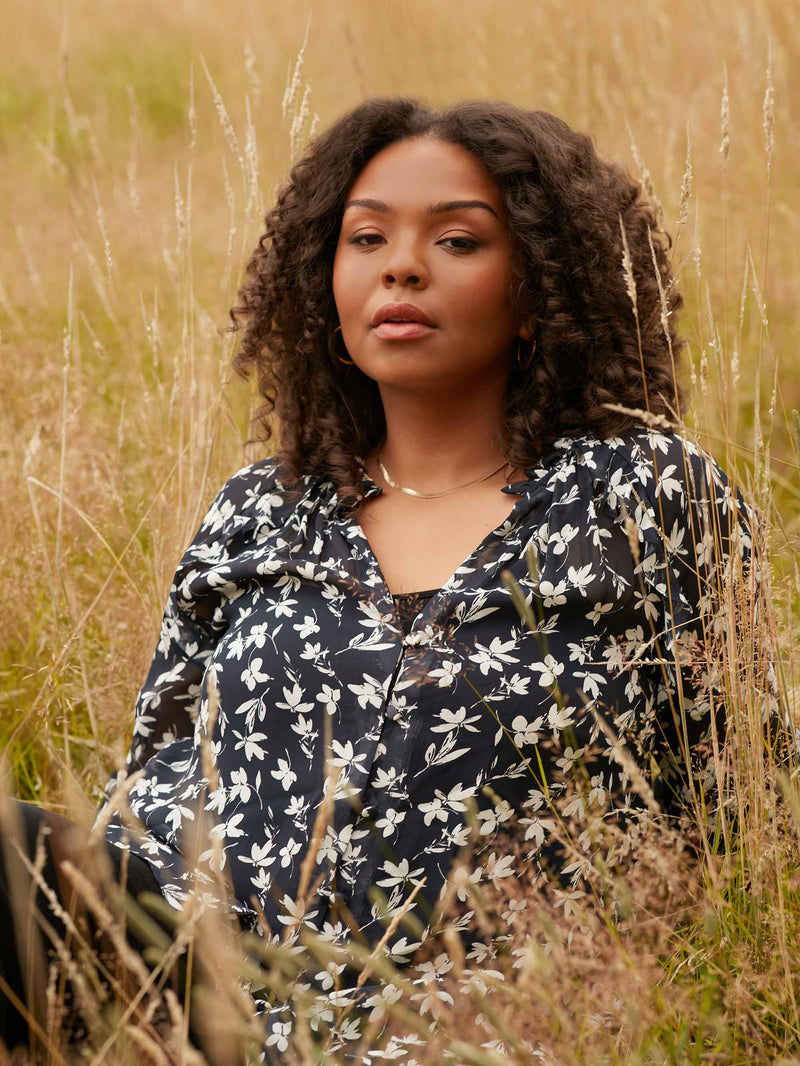 Mono Floral Print Ruffle Front Blouse