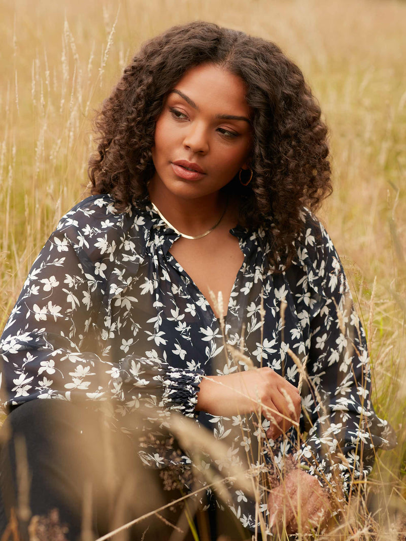 Mono Floral Print Ruffle Front Blouse