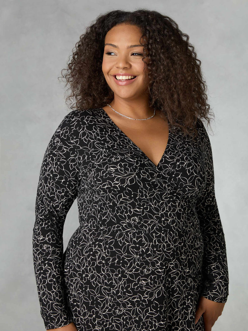 Mono Linear Floral Jersey Wrap Dress