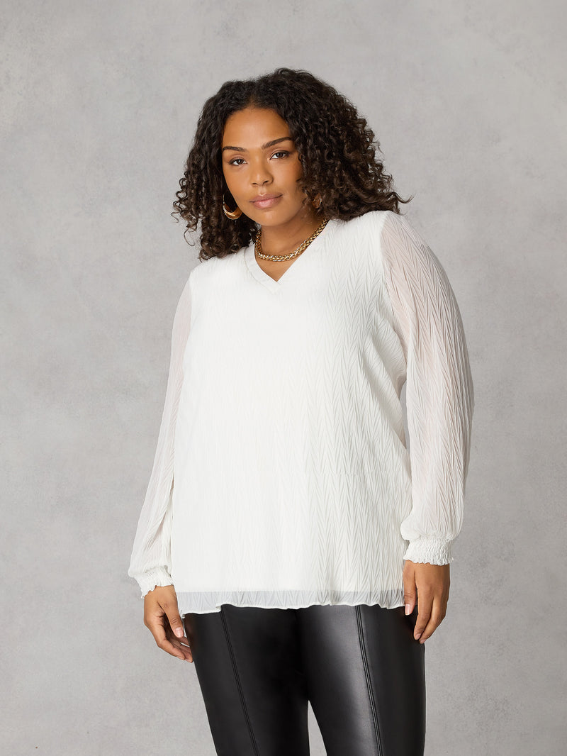 Ivory Textured Rib Trim Blouse