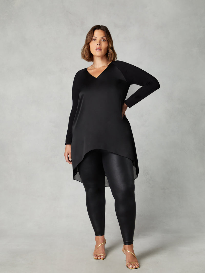 Black Satin Front High Low Tunic