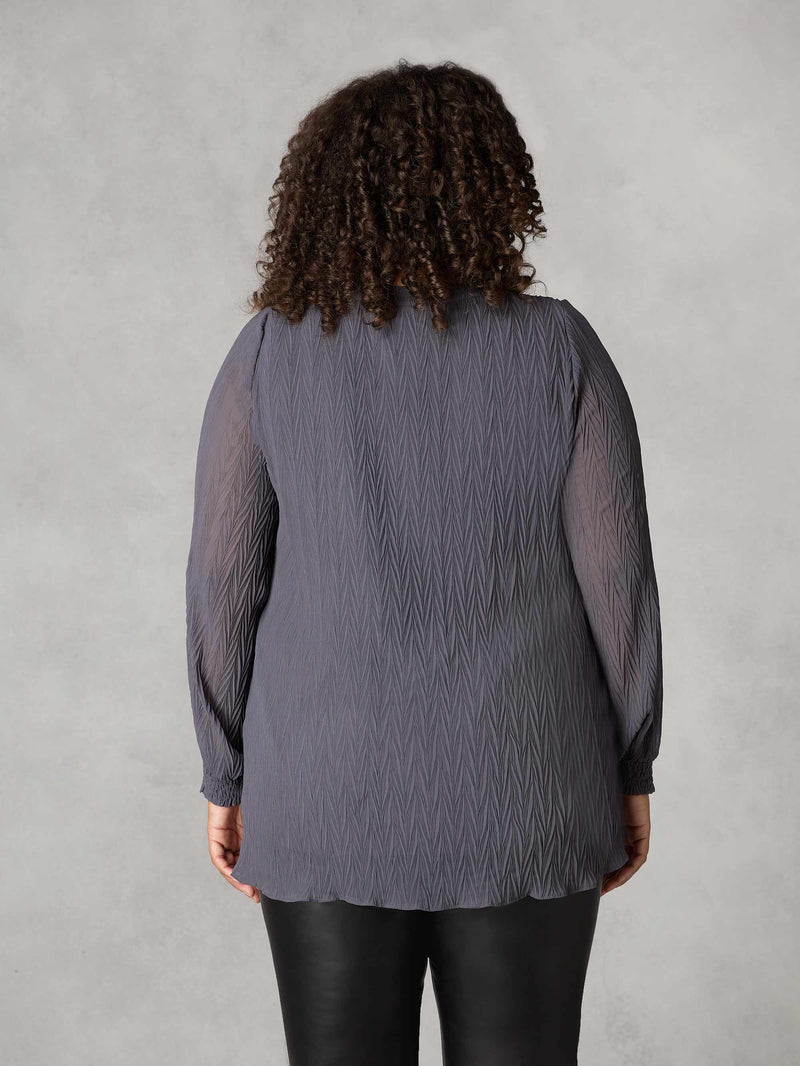Grey Textured Rib Trim Blouse
