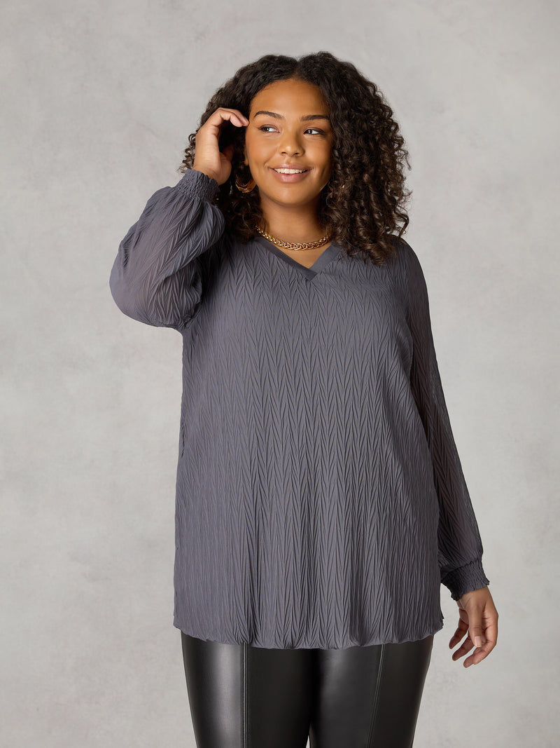 Grey Textured Rib Trim Blouse