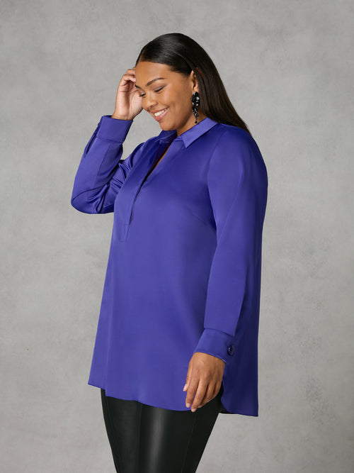 Blue Satin Placket Front Shirt