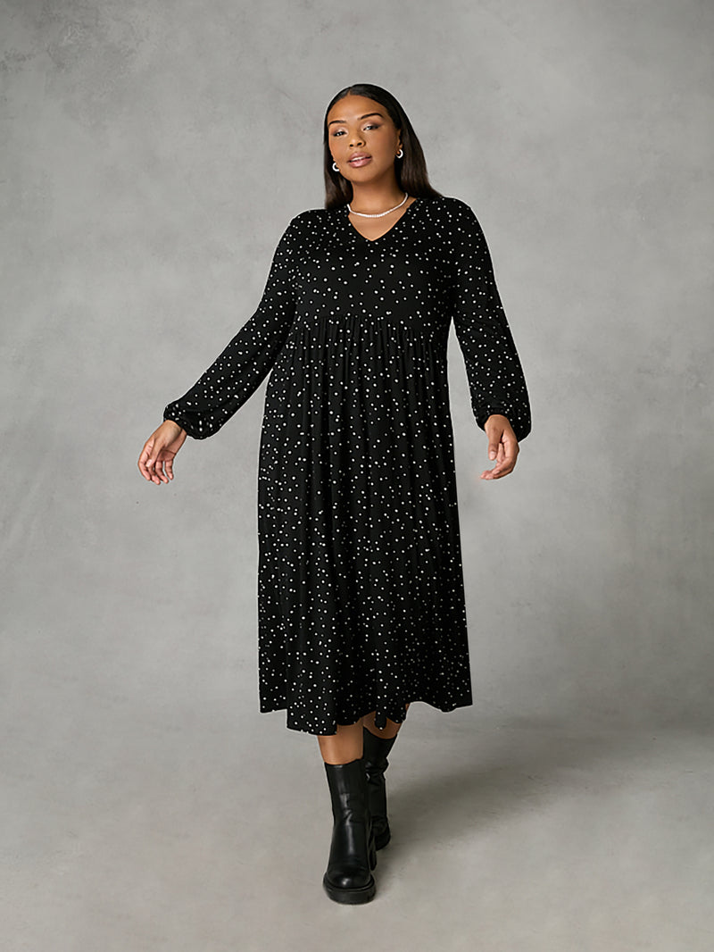 Mono Star Print Jersey Nehru Collar Relaxed Dress